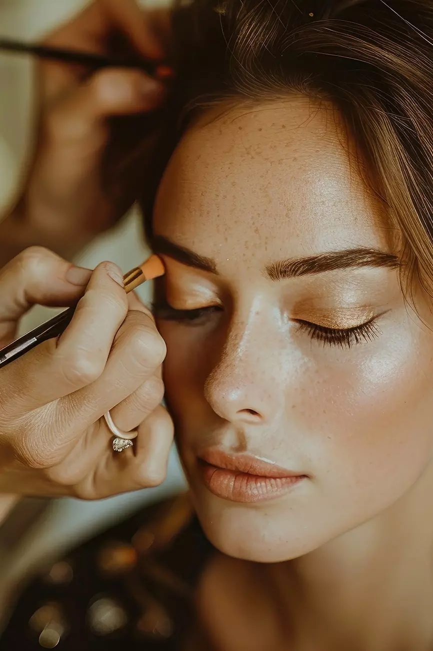 Primo piano di una giovane donna con pelle luminosa mentre viene truccata, evidenziando il processo di applicazione del make-up sugli occhi.